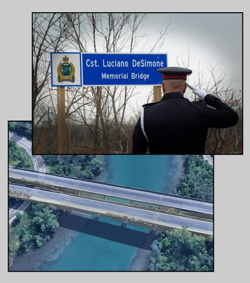 officer saluting deceased officer Desimone bridge sign